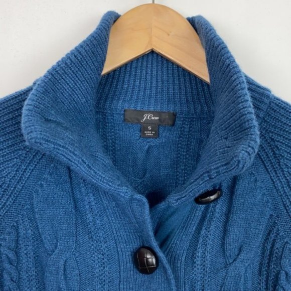 J.Crew S Teal Cardigan Cable Knit Faux Leather Buttons Lambs Wool - Picture 3 of 16